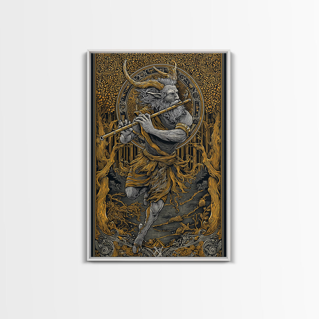 Pan’s Lament – The Wild God’s Song Through the Golden Grove, Canvas Art, Canvas Gold Print, Canvas Wall Art, Man Cave Decor