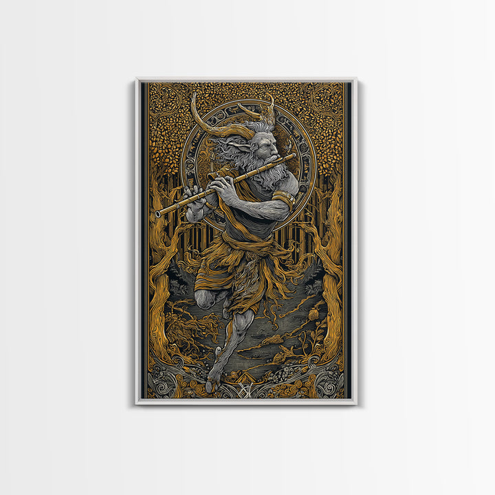 Pan’s Lament – The Wild God’s Song Through the Golden Grove, Canvas Art, Canvas Gold Print, Canvas Wall Art, Man Cave Decor