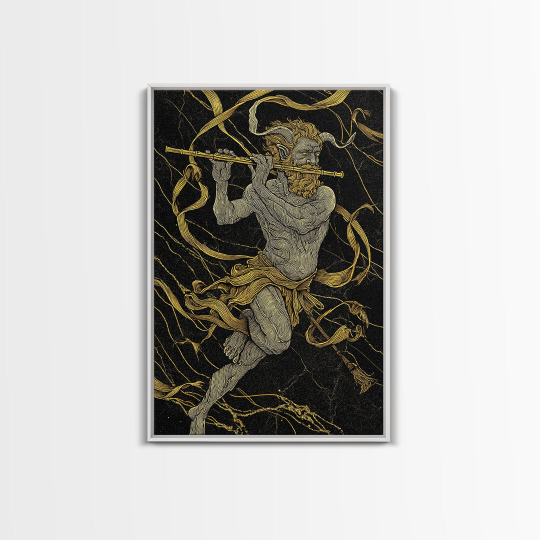 Greek God Pan Playing Flute – Canvas Gold Canvas Print – Mythology Wall Art with Real Wood Frame for Classical Home Decor