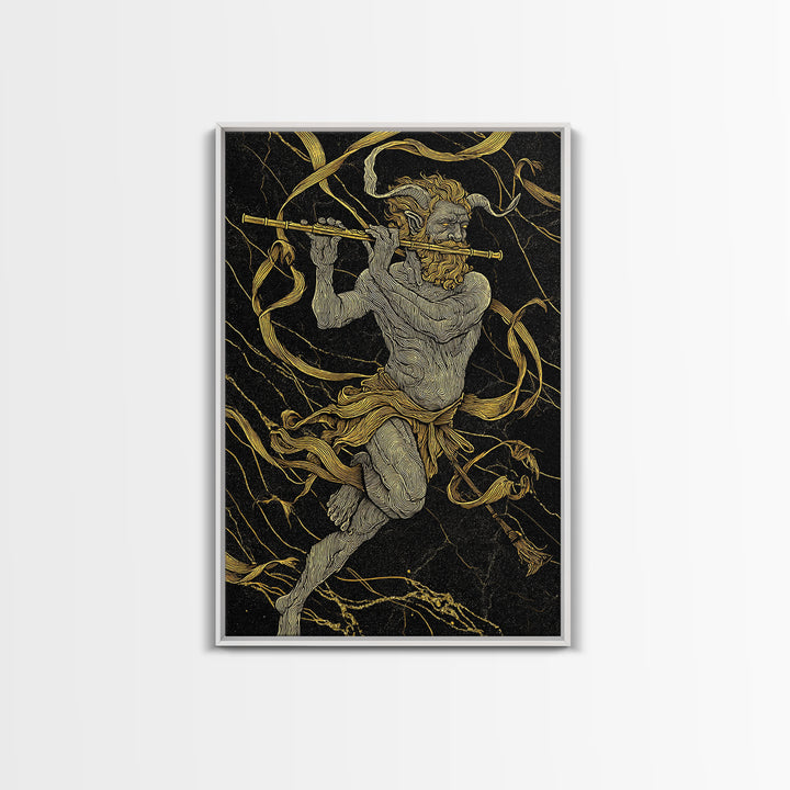 Greek God Pan Playing Flute – Canvas Gold Canvas Print – Mythology Wall Art with Real Wood Frame for Classical Home Decor