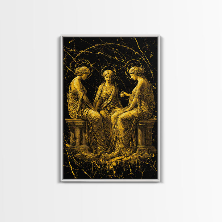The Three Graces – Canvas Gold Canvas Print – Greek Goddess Wall Art with Real Wood Frame for Elegant Classical Room Decor
