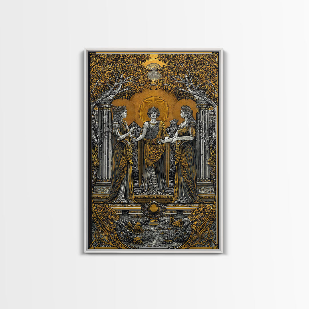 Greek Goddesses in Golden Garden – Canvas Gold Canvas Print – Classical Mythology Wall Art with Real Wood Frame