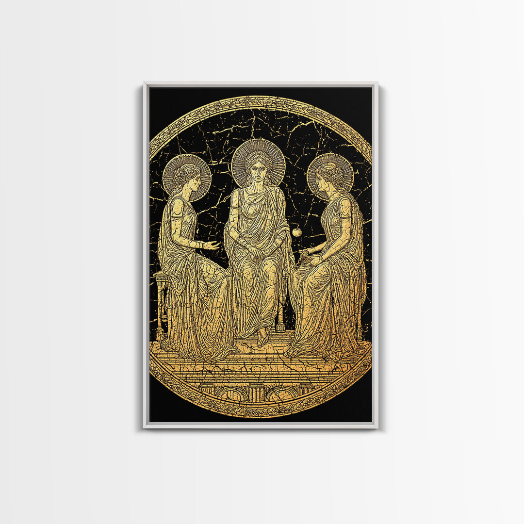 Golden Three Goddesses – Canvas Gold Canvas Print – Classical Greek Wall Art with Real Wood Frame for Mythology Lovers