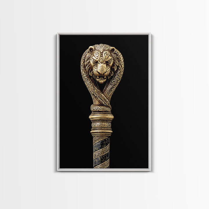 Lion and Serpent Staff Head – Canvas Gold Canvas Print – Ancient Weapon Design Art with Real Wood Frame for Bold Wall Decor
