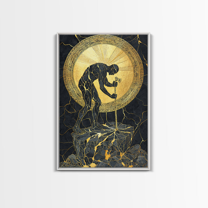 Man with Sword and Sun – Canvas Gold Canvas Print – Heroic Mythology Wall Art with Real Wood Frame for Powerful Home Accent