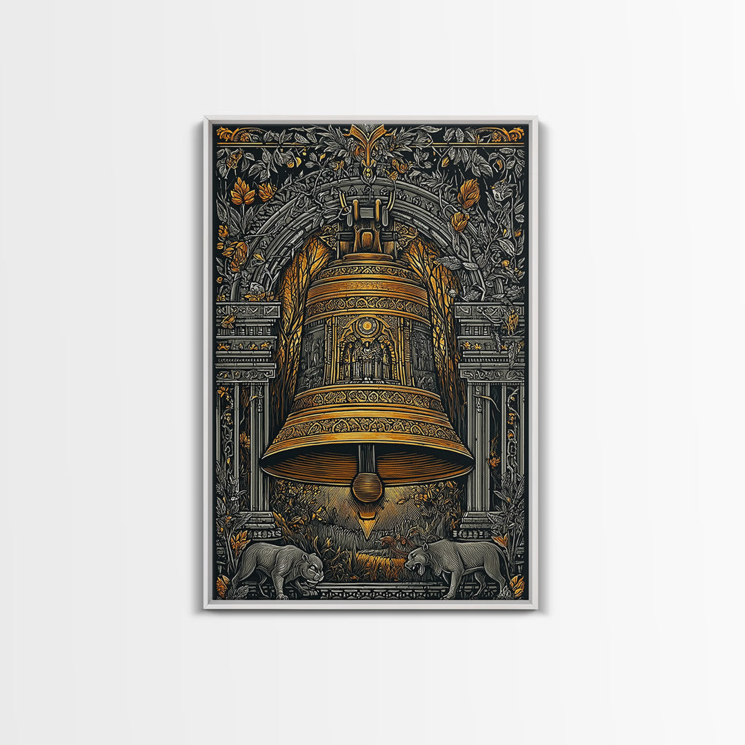 Ornate Golden Bell with Wolves – Canvas Gold Canvas Print – Fantasy Architectural Wall Art with Real Wood Frame