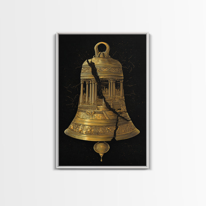 Cracked Temple Bell – Canvas Gold Canvas Print – Ancient Ruins Wall Art with Real Wood Frame for History and Myth Lovers