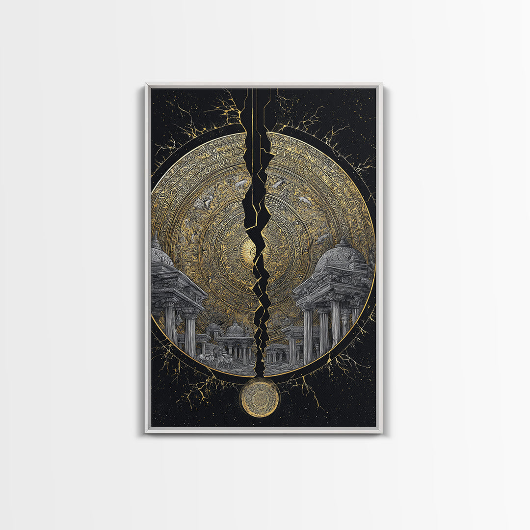 Cracked Golden Mandala Temple – Canvas Gold Canvas Print – Intricate Ancient Architecture Wall Art with Real Wood Frame