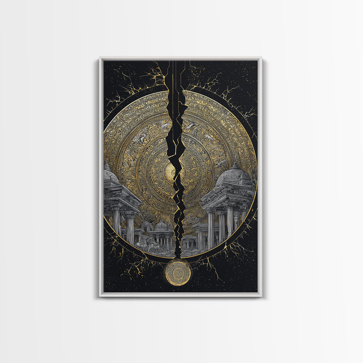 Cracked Golden Mandala Temple – Canvas Gold Canvas Print – Intricate Ancient Architecture Wall Art with Real Wood Frame