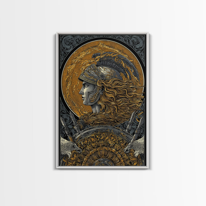 Athena Greek Goddess, Canvas Gold Art, Warrior Helmet Canvas Print, Real Wood Frame Decor, Ancient Mythology Wall Artwork