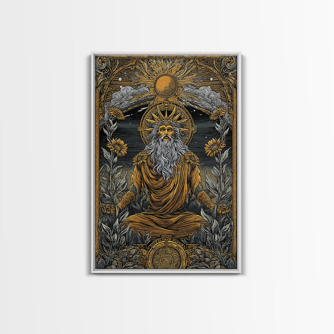 Greek Sun God Illustration, Canvas Gold Canvas Print, Mythology Wall Art, Real Wood Frame Decor, Luxury Ancient Artwork
