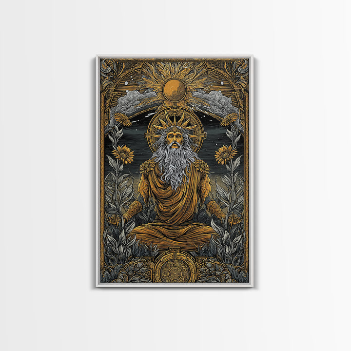 Greek Sun God Illustration, Canvas Gold Canvas Print, Mythology Wall Art, Real Wood Frame Decor, Luxury Ancient Artwork