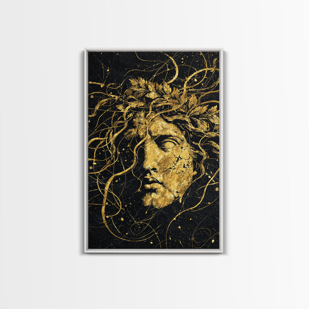 Apollo Greek Statue Canvas Gold Canvas Print, Mythological Music And Light Inspired Art, Real Wood Framed Wall Decoration
