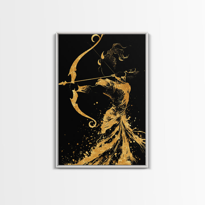 Artemis Goddess Canvas Gold Canvas Print, Greek Mythology Archer Huntress Artwork, Real Wood Framed Ancient Decorative Wall Art