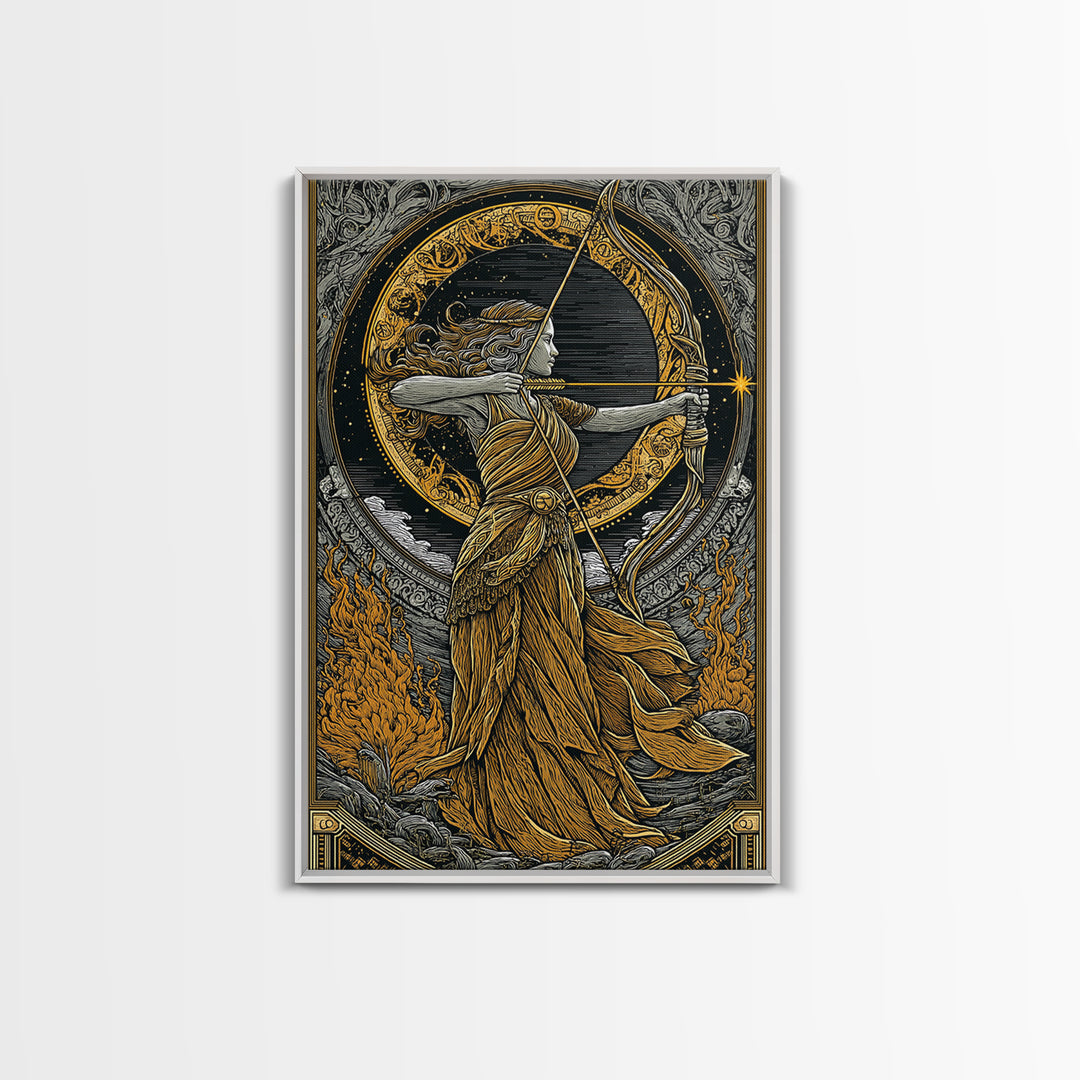 Artemis Greek Goddess Canvas Gold Canvas Print, Bow And Arrow Mythology Inspired Artwork, Real Wood Frame Decorative Wall Art