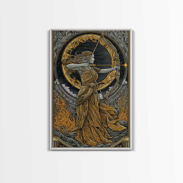 Artemis Greek Goddess Canvas Gold Canvas Print, Bow And Arrow Mythology Inspired Artwork, Real Wood Frame Decorative Wall Art