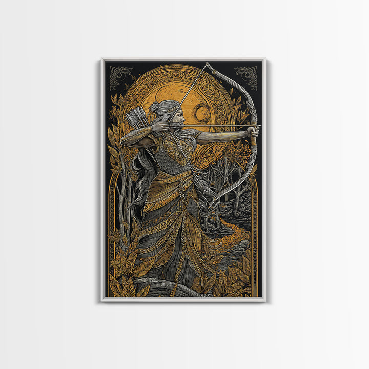 Artemis Moonlit Huntress With Bow, Canvas Gold Art, Real Wood Framed Print, Greek Goddess Wall Decor, Mythology Artwork