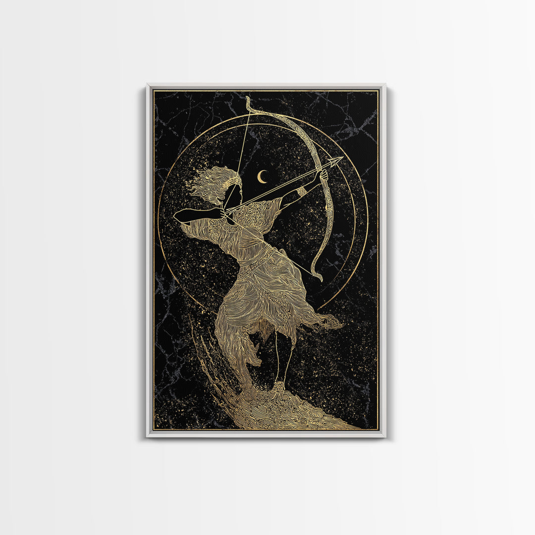 Divine Archer Artemis Illustration, Canvas Gold Canvas Print, Real Wood Frame, Greek Goddess Wall Hanging, Myth Art Decor