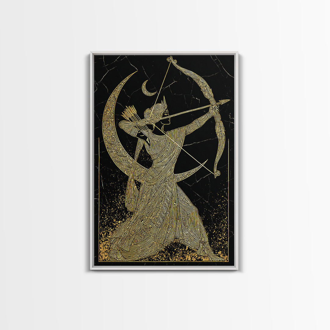 Artemis Lunar Goddess Archery Scene, Canvas Gold Art Print, Real Wood Frame, Mythology Wall Art, Elegant Greek Decor