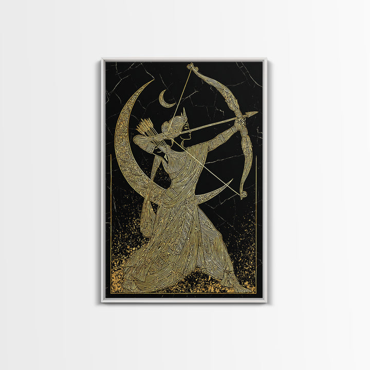 Artemis Lunar Goddess Archery Scene, Canvas Gold Art Print, Real Wood Frame, Mythology Wall Art, Elegant Greek Decor