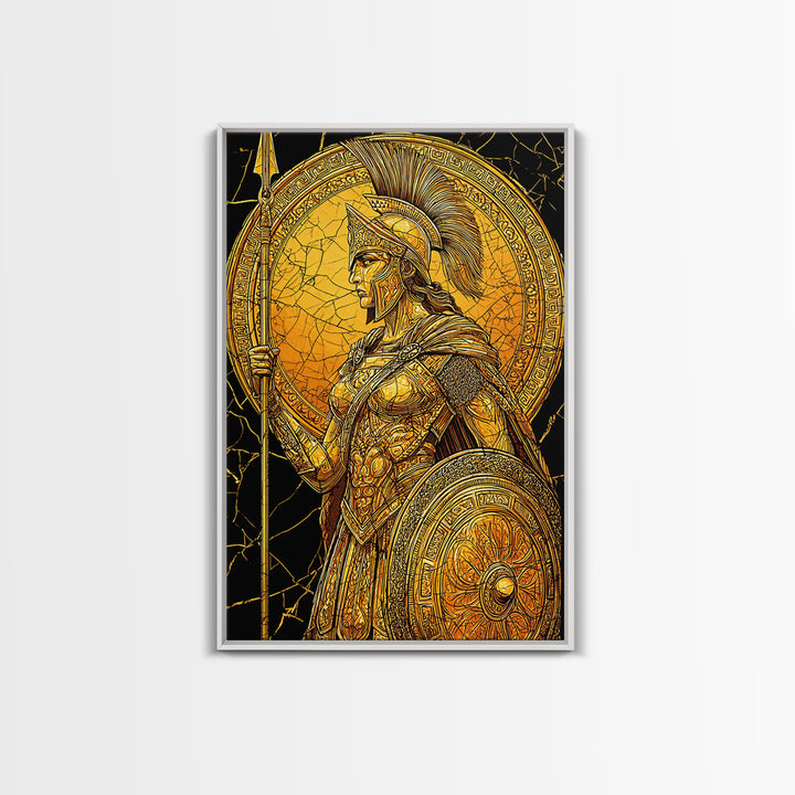 Athena Warrior Goddess With Spear And Shield, Canvas Gold Canvas Print, Real Wood Frame, Greek Myth Wall Art, Strength Decor