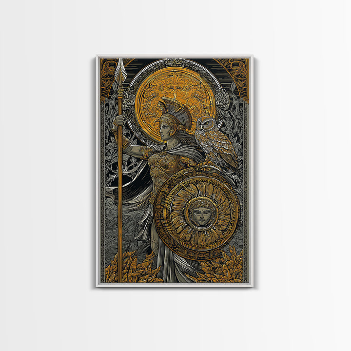 Athena With Owl Wisdom Goddess Art, Canvas Gold Art Print, Real Wood Frame, Greek Mythology Wall Hanging, Protection Decor