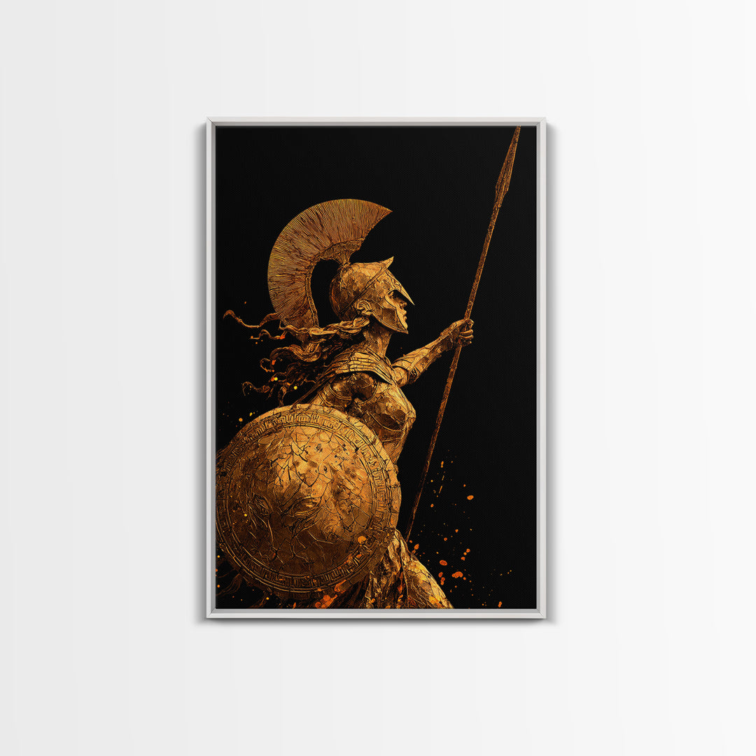 Athena Warrior Goddess With Spear And Shield, Canvas Gold Canvas Print, Real Wood Frame, Greek Mythology Wall Art