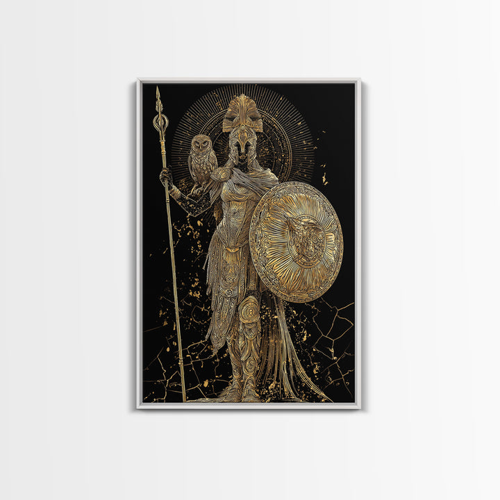 Athena With Owl And Shield Of Wisdom, Canvas Gold Art Print, Real Wood Frame, Ancient Greek Mythology Warrior Decor