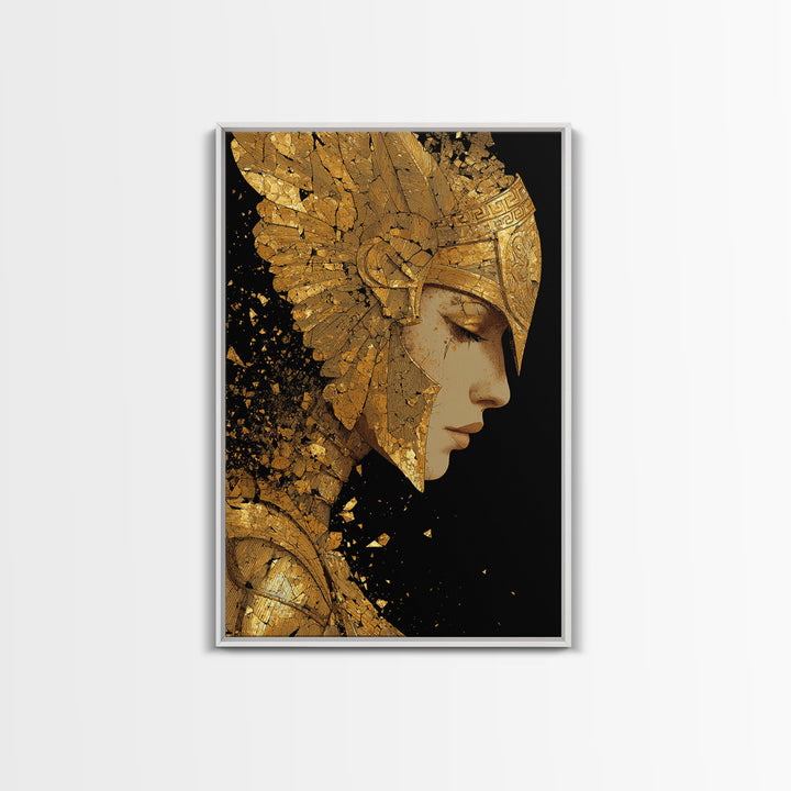 Athena Close Up Portrait In Armor, Canvas Gold Canvas Print, Real Wood Frame, Greek Goddess Warrior Mythology Wall Art