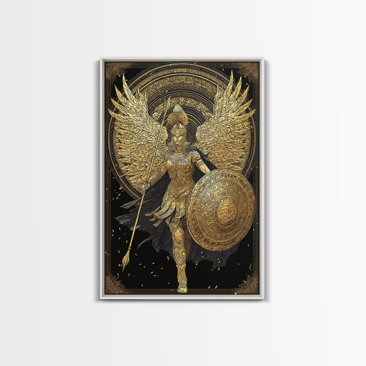 Athena Winged Warrior Goddess With Shield, Canvas Gold Art Print, Real Wood Frame, Greek Mythology Goddess Wall Decor