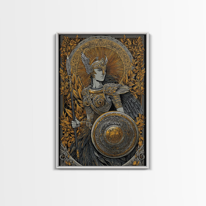 Athena Goddess Of Wisdom With Spear, Canvas Gold Canvas Print, Real Wood Frame, Greek Mythology Warrior Goddess Art