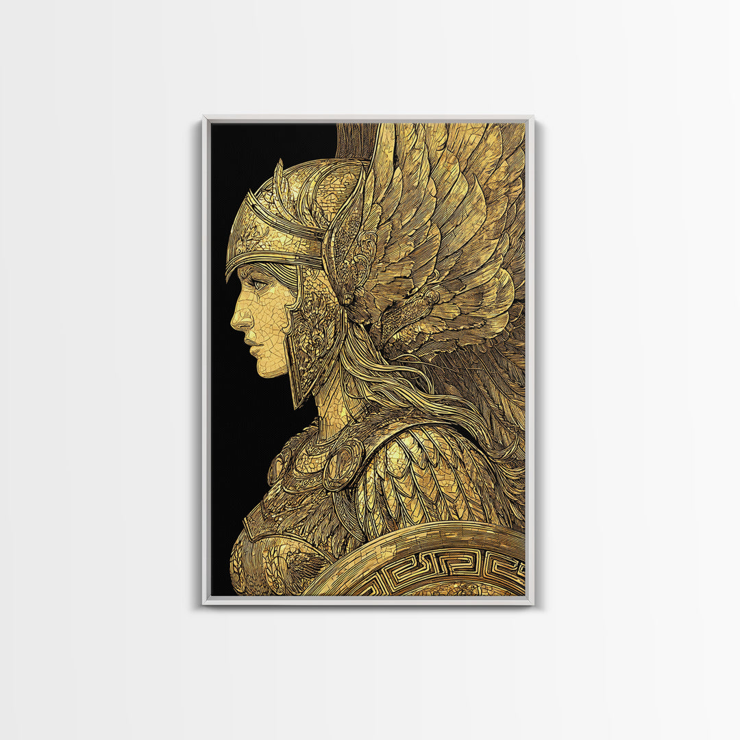 Athena Warrior Goddess Profile With Wings, Canvas Gold Art Print, Real Wood Frame, Greek Mythology Goddess Wall Art