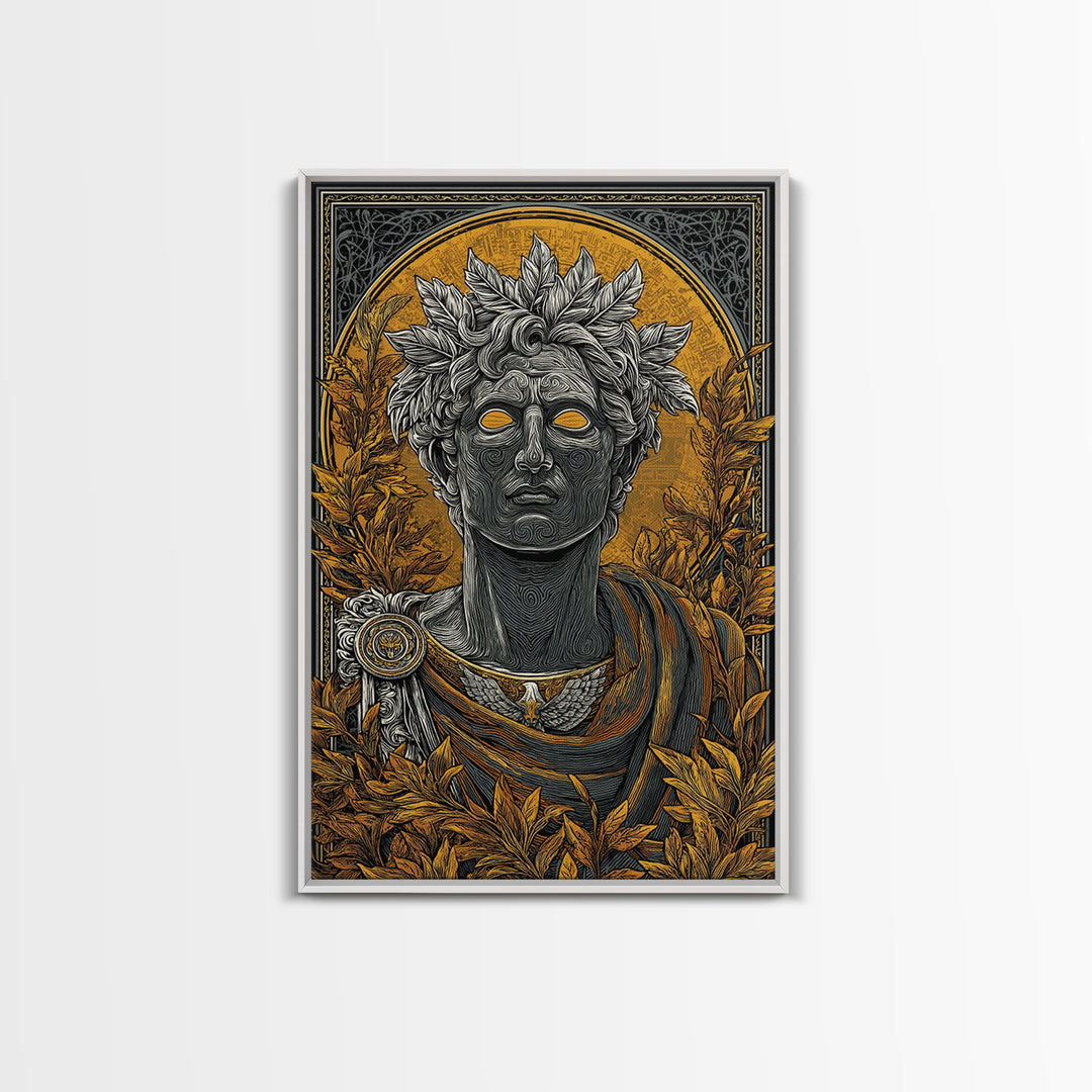 Apollo God Bust Surrounded By Laurel Leaves, Canvas Gold Art Print, Greek Mythology Wall Decor, Real Wood Frame Artwork