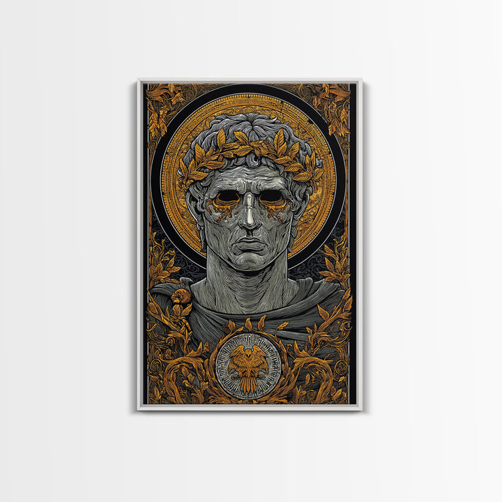 Caesar Inspired Roman Bust, Canvas Gold Canvas Print, Ancient Rome Decorative Wall Art, Mythology Style, Real Wood Frame