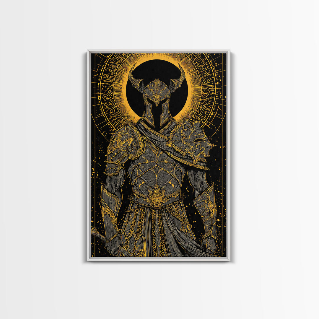 Warrior In Ornate Armor With Glowing Halo, Canvas Gold Canvas Print, Medieval Fantasy Knight Artwork, Real Wood Frame Decor