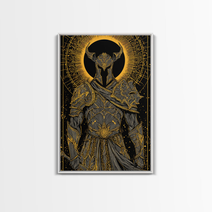 Warrior In Ornate Armor With Glowing Halo, Canvas Gold Canvas Print, Medieval Fantasy Knight Artwork, Real Wood Frame Decor