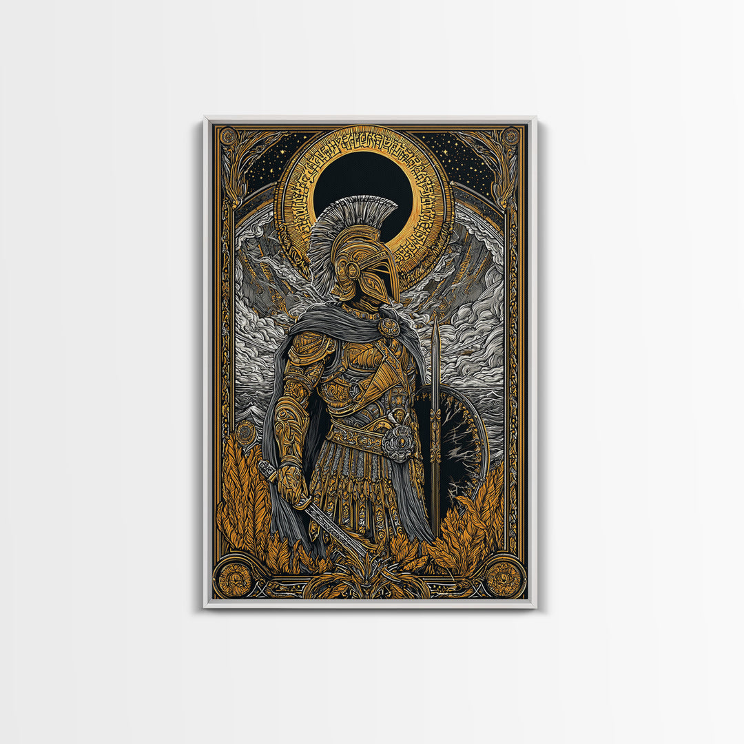 Greek Hoplite Soldier With Shield And Sword, Canvas Gold Art Print, Mythology Inspired Wall Decor, Real Wood Frame Design