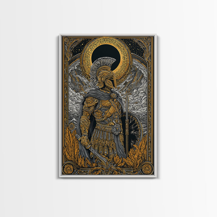 Greek Hoplite Soldier With Shield And Sword, Canvas Gold Art Print, Mythology Inspired Wall Decor, Real Wood Frame Design