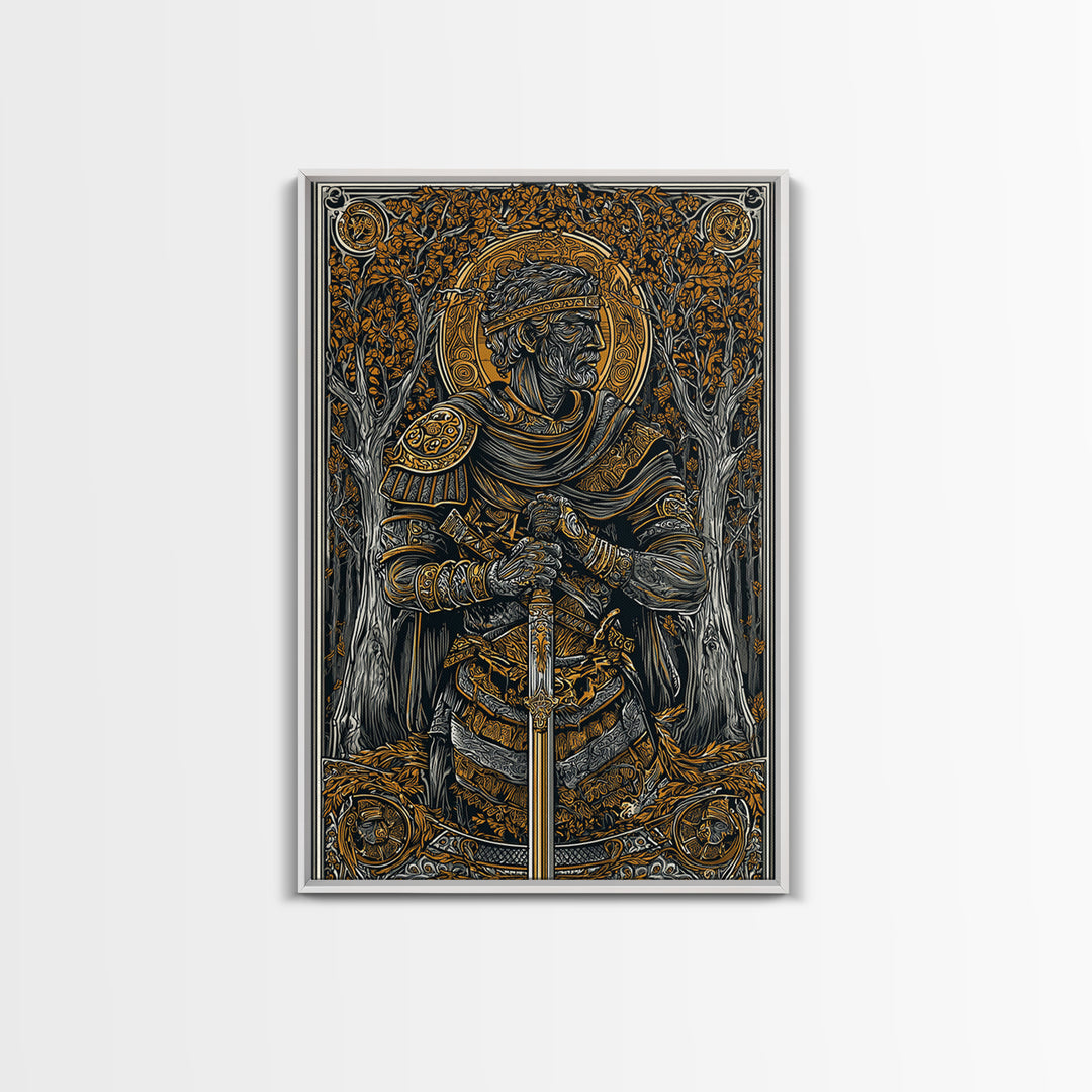 King With Sword In Ornate Armor, Canvas Gold Canvas Print, Medieval Mythology Warrior Wall Art, Real Wood Frame Decoration