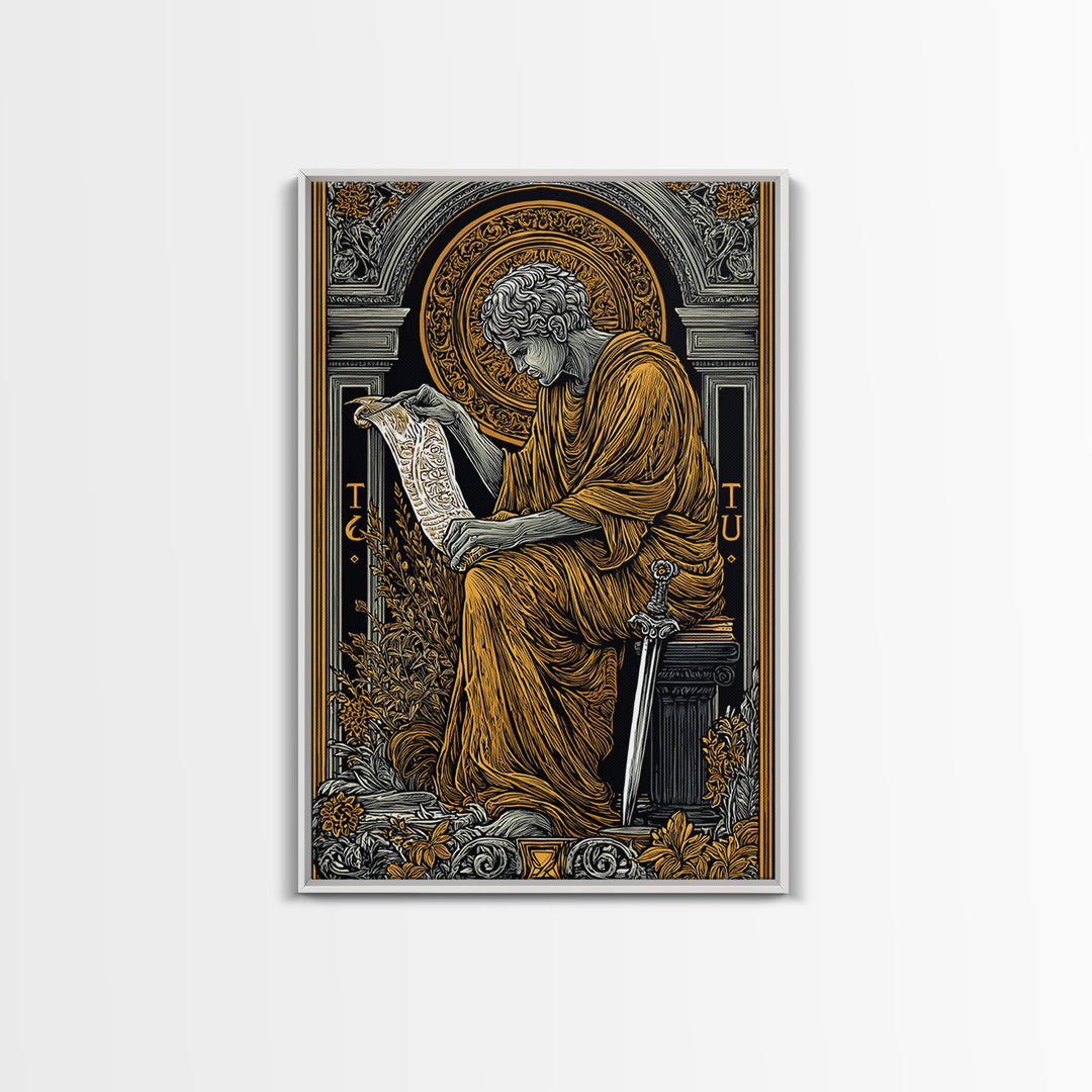 Scholar Reading Ancient Scroll, Canvas Gold Art Print, Roman Inspired Decorative Wall Art, Mythology Style, Real Wood Frame