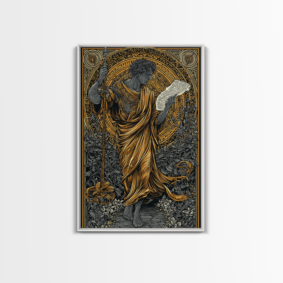 Philosopher Holding Spear And Scroll, Canvas Gold Canvas Print, Classical Greek Wall Art, Mythology Inspired, Real Wood Frame