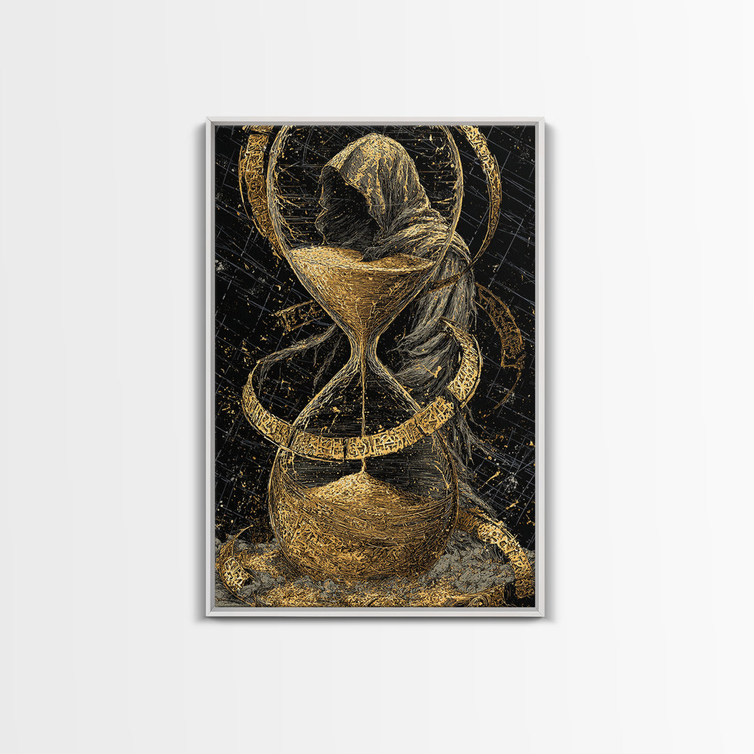 Hooded Figure In Hourglass Timepiece, Canvas Gold Art Print, Mythological Decorative Wall Art, Symbolic Design, Real Wood Frame
