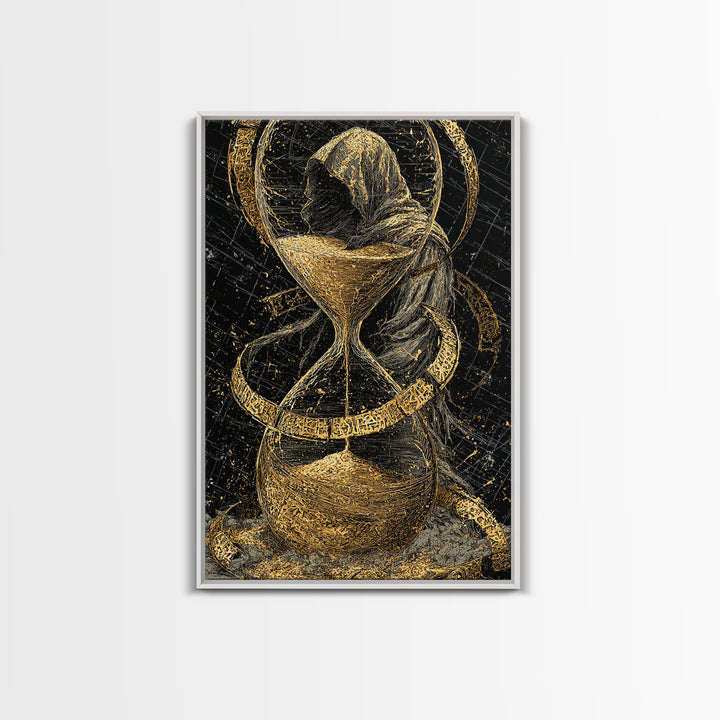 Hooded Figure In Hourglass Timepiece, Canvas Gold Art Print, Mythological Decorative Wall Art, Symbolic Design, Real Wood Frame