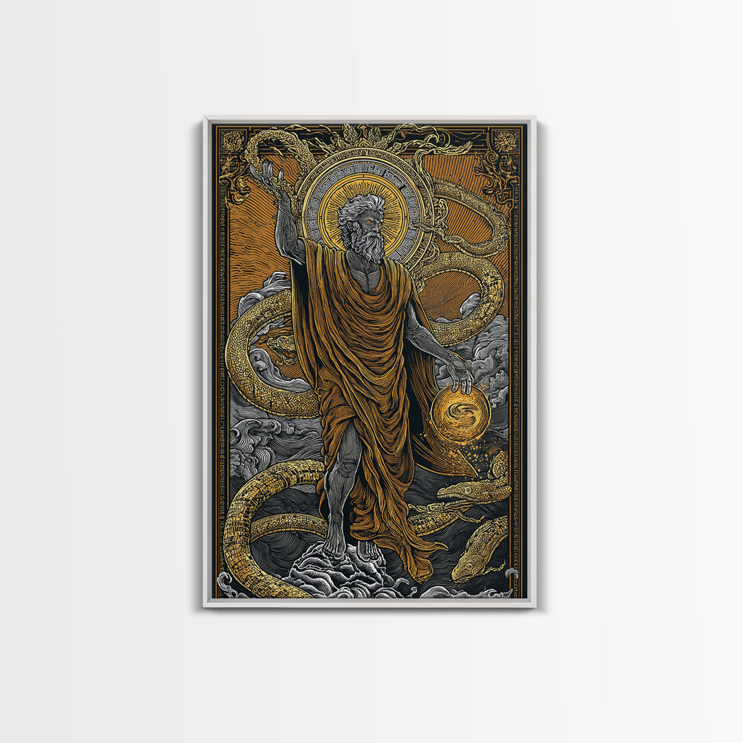 God Of Creation With Ouroboros Serpent, Canvas Gold Canvas Print, Ancient Mythology Decorative Wall Art, Real Wood Frame Artwork