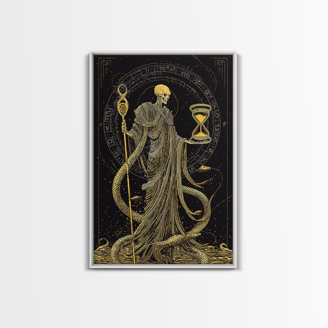 Chronos Canvas Gold Canvas Print, Mythological Skeleton Holding Hourglass, Esoteric Wall Art, Real Wood Framed Artwork