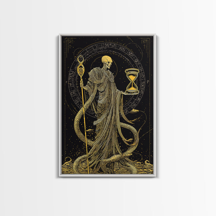 Chronos Canvas Gold Canvas Print, Mythological Skeleton Holding Hourglass, Esoteric Wall Art, Real Wood Framed Artwork