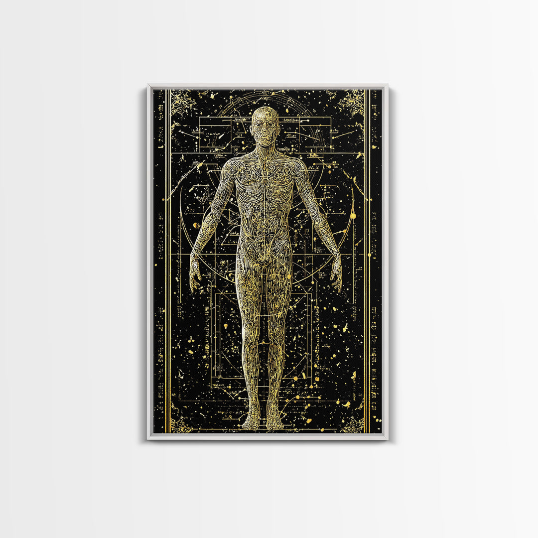 Vitruvian Human Anatomy Canvas Gold Canvas Print, Sacred Geometry Wall Art, Celestial Body Illustration, Real Wood Frame Decor