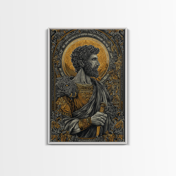 Commodus Canvas Gold Canvas Print, Roman Emperor With Sword Portrait, Historical Warrior Wall Art, Real Wood Framed Piece