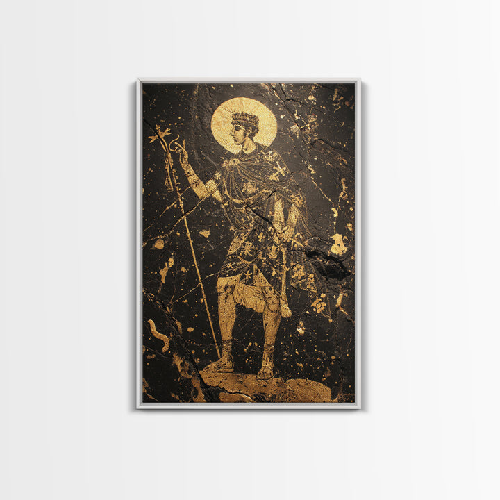 Constantine Canvas Gold Canvas Print, Byzantine Roman Emperor Holding Staff Artwork, Regal Historical Wall Art, Wood Frame