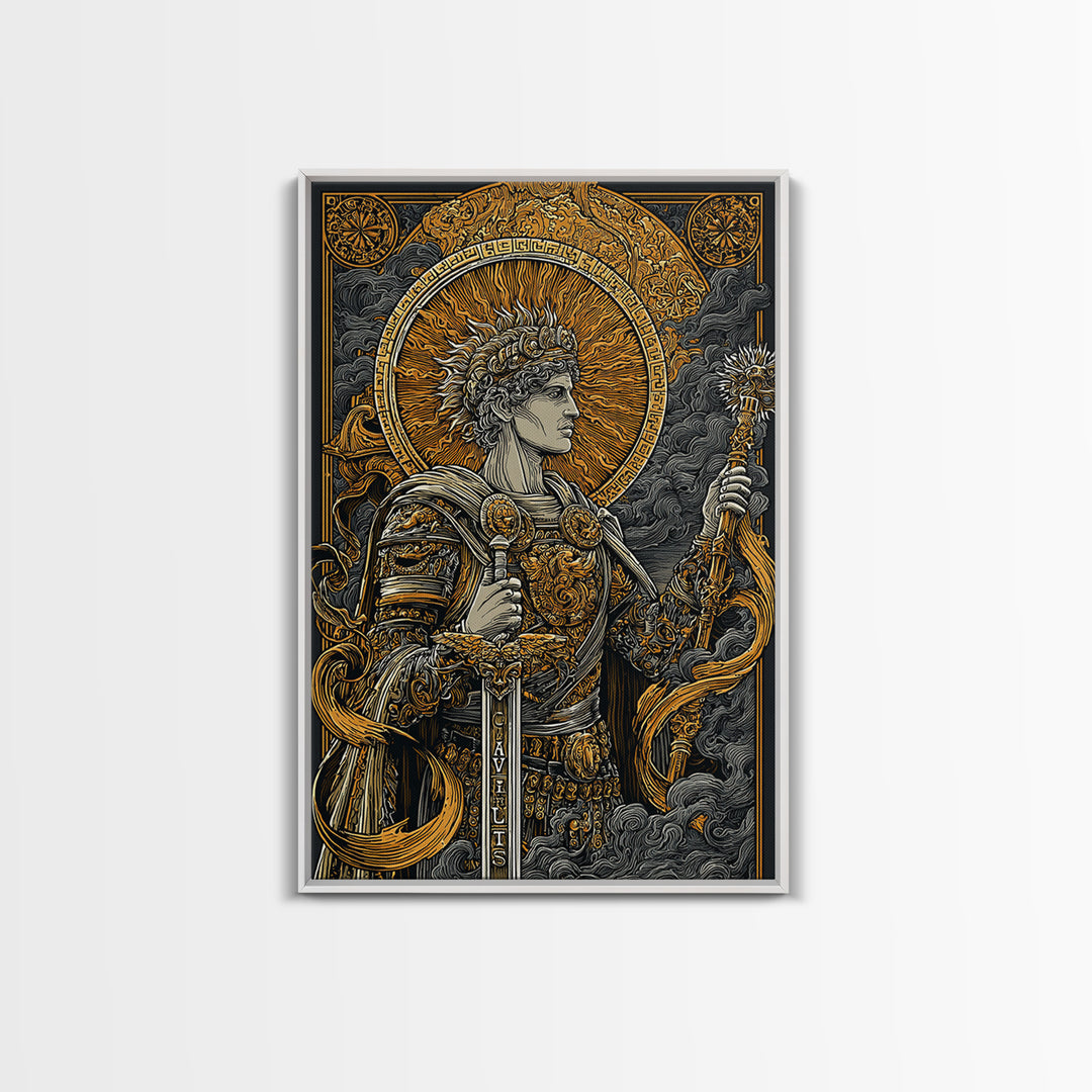 Classical Warrior God Artwork, Canvas Gold Canvas Print, Mythology Wall Art, Ancient Roman Style, Real Wood Frame Decor